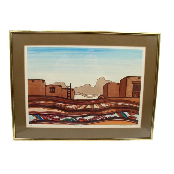 Southwest Pueblo Landscape Framed Art Modernist Signed Greg Kyle 1983 Vintage - Picture 1 of 12